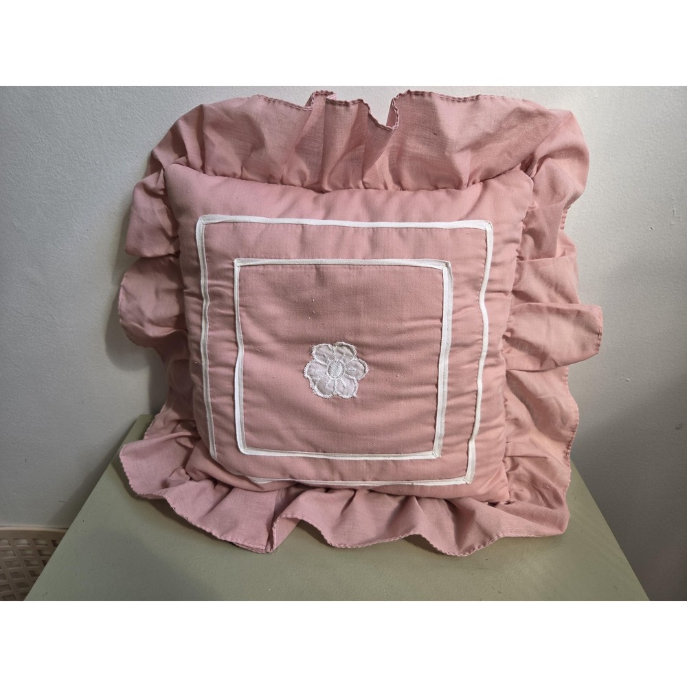 Vintage Pink Ruffled Pillow White Floral Applique Cottagecore Boudoir Decor